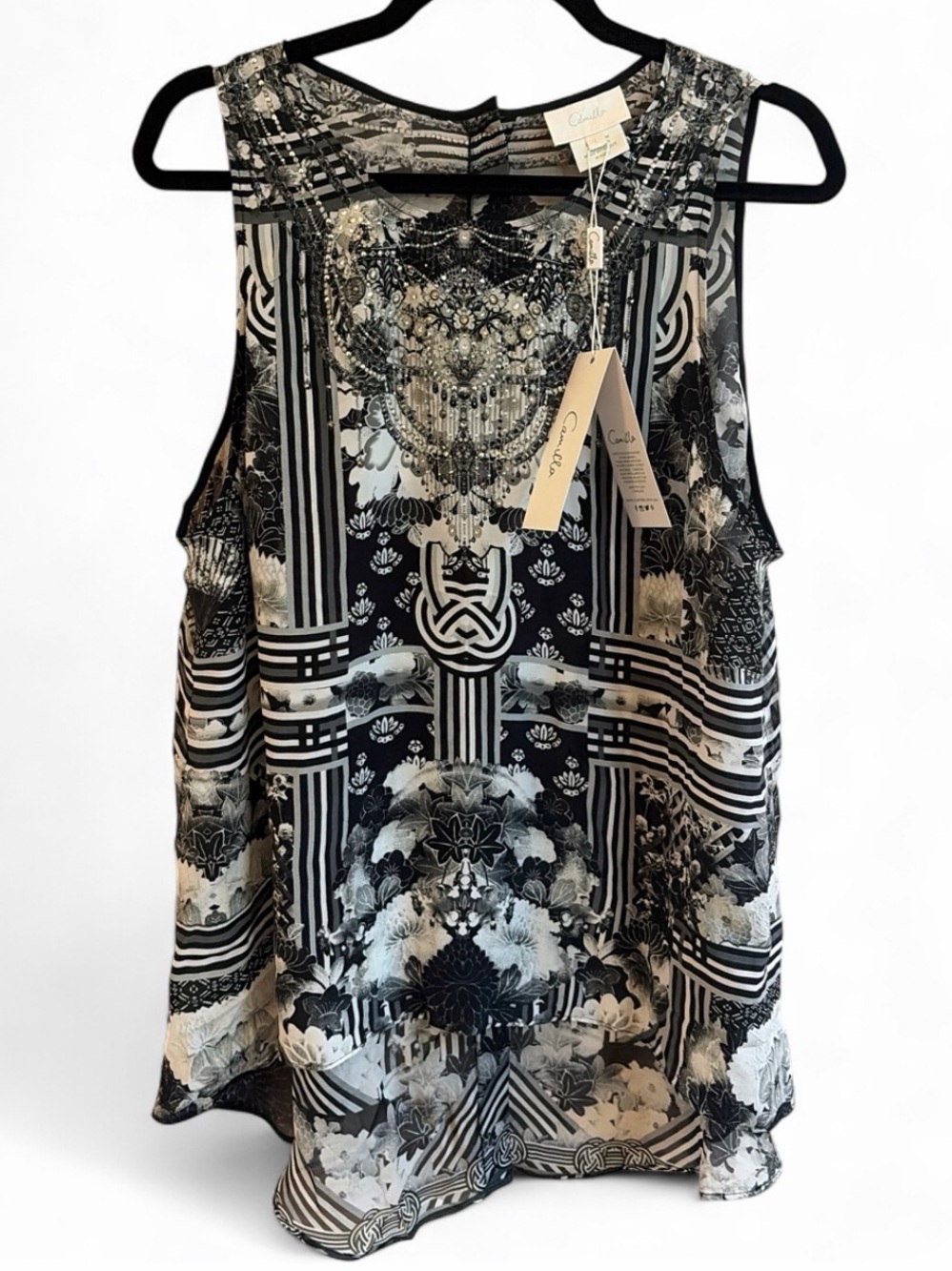 NWT Camilla Wild Moonchild Rhinestone Silk Black & White Boho Sleeveless Blouse